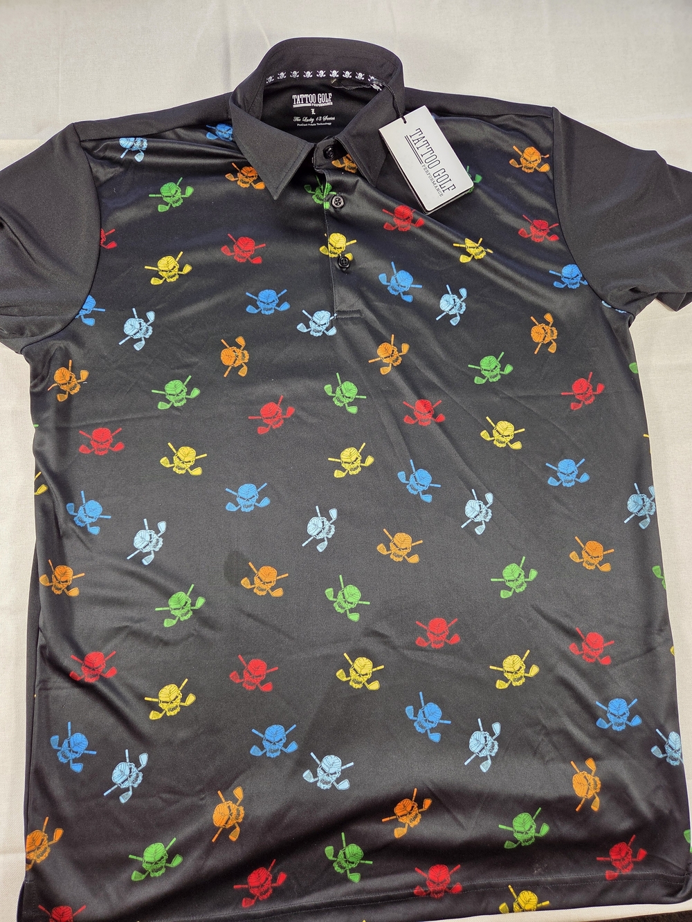 Tattoo Golf Lucky 13 Skull Golf Polo NWT Black Multicolor Performance Shirt L